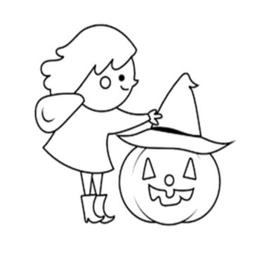 Dibujo de Jack o Lantern con una Chica para Colorear