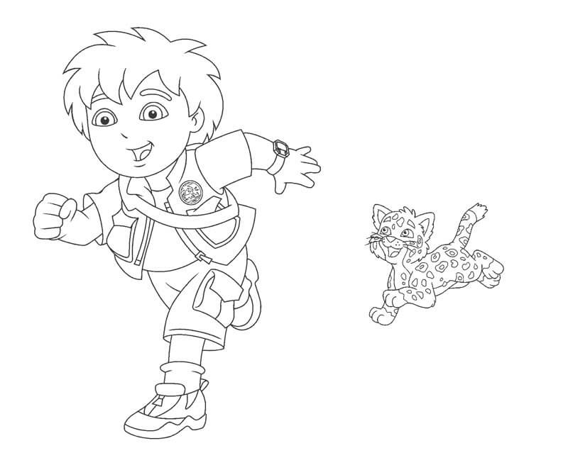 Dibujo de Diego y Jaguar Corriendo para Colorear
