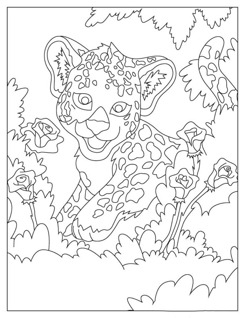 Dibujo de Divertido Jaguar con Flores para Colorear