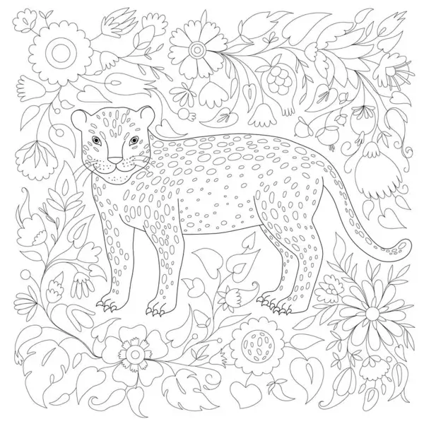 Dibujo de Jaguar con Flores y Hojas para Colorear