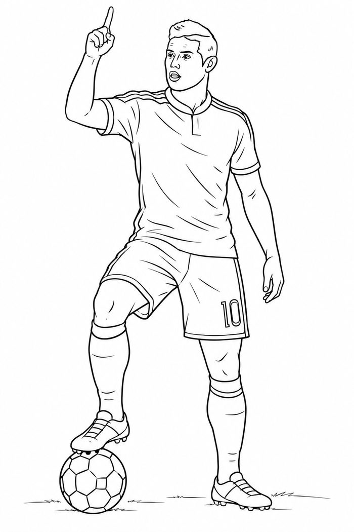 Dibujo de James Rodriguez Senalando al Cielo con el balón para Colorear