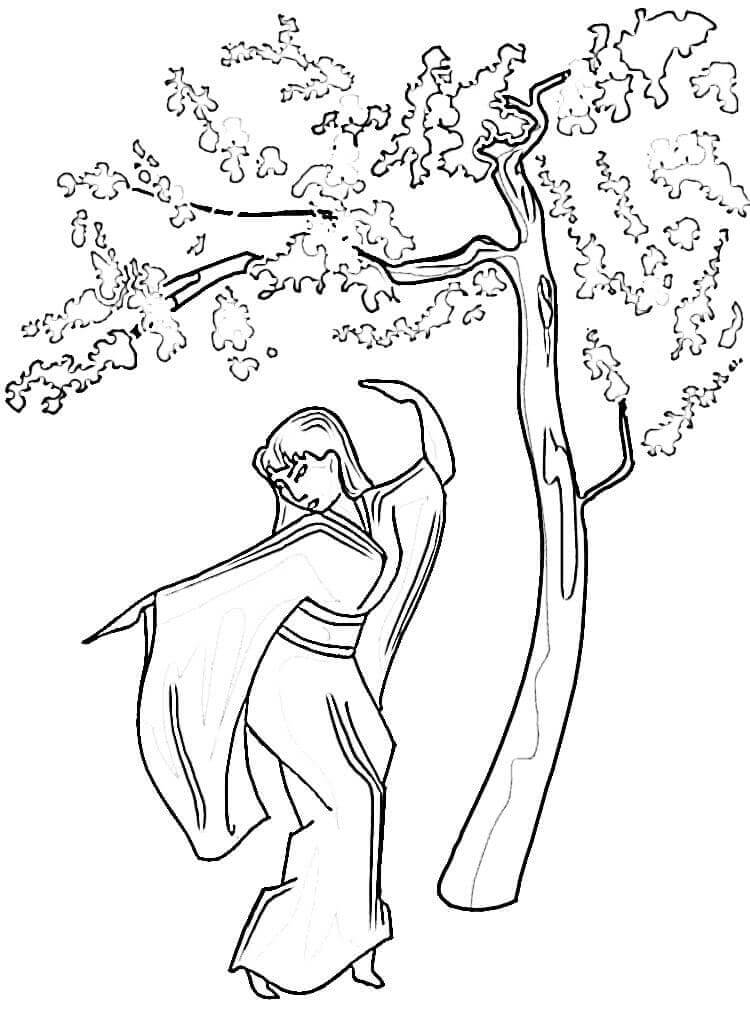 Dibujo de Bailando Bajo la Madera de Sakura para Colorear