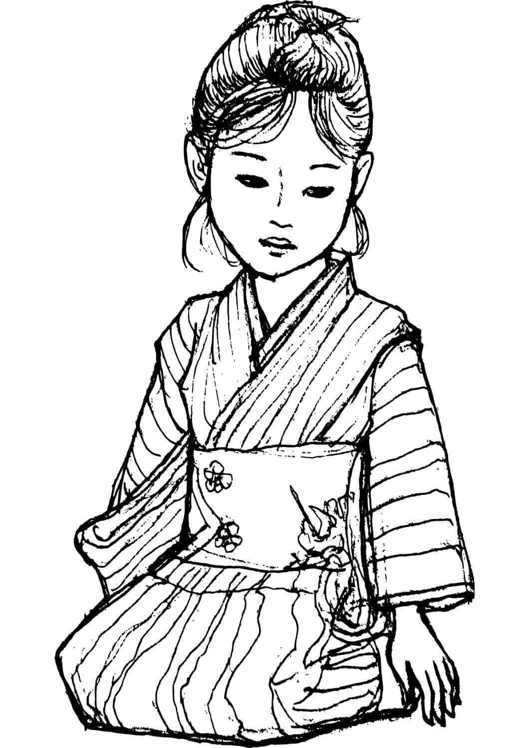 Dibujo de Chica Japonesa en Kimono para Colorear