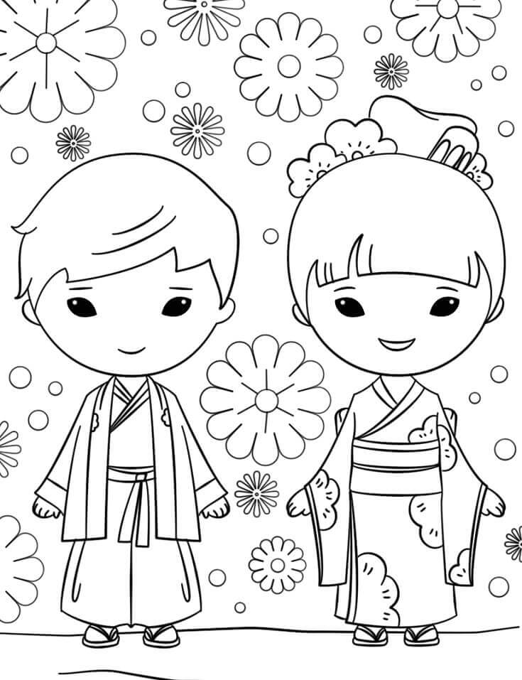 Dibujo de Chico y Chica Japoneses para Colorear