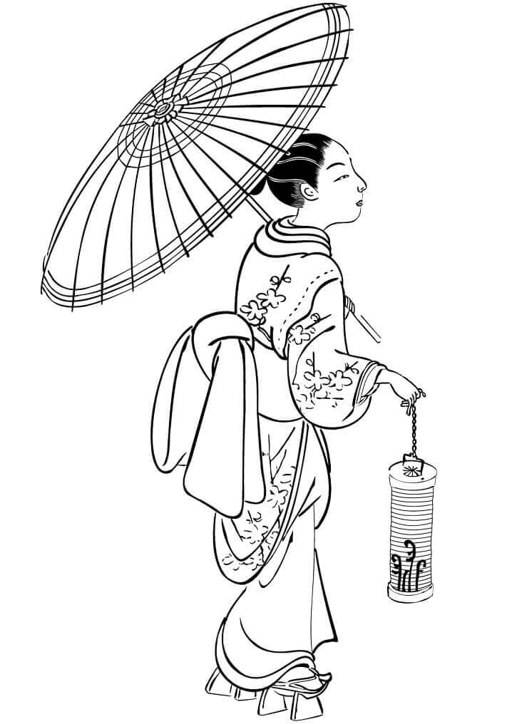 Dibujo de Mujer Japonesa con Paraguas para Colorear