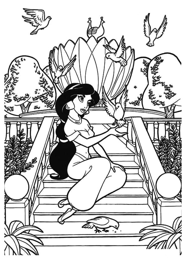Dibujo de Princesa Jazm N con pájaros para Colorear