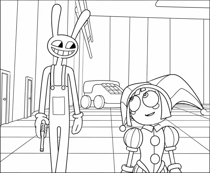 Dibujo de Jax y Pomni en un Pasillo página para Colorear