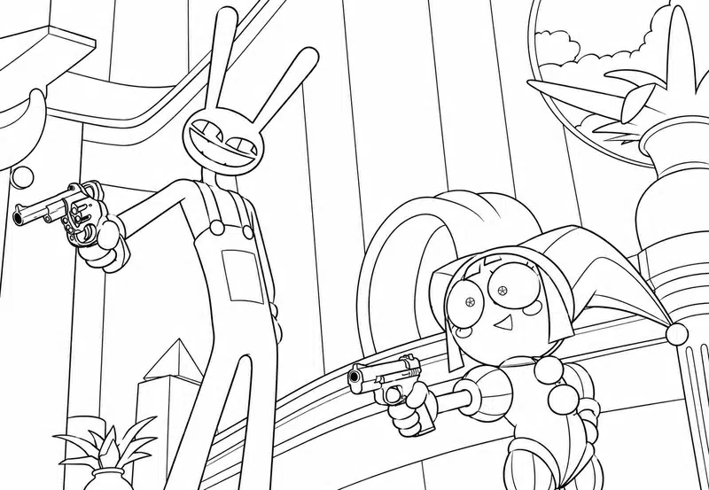 Dibujo de Jax y Pomni en una Escena de acción página para Colorear