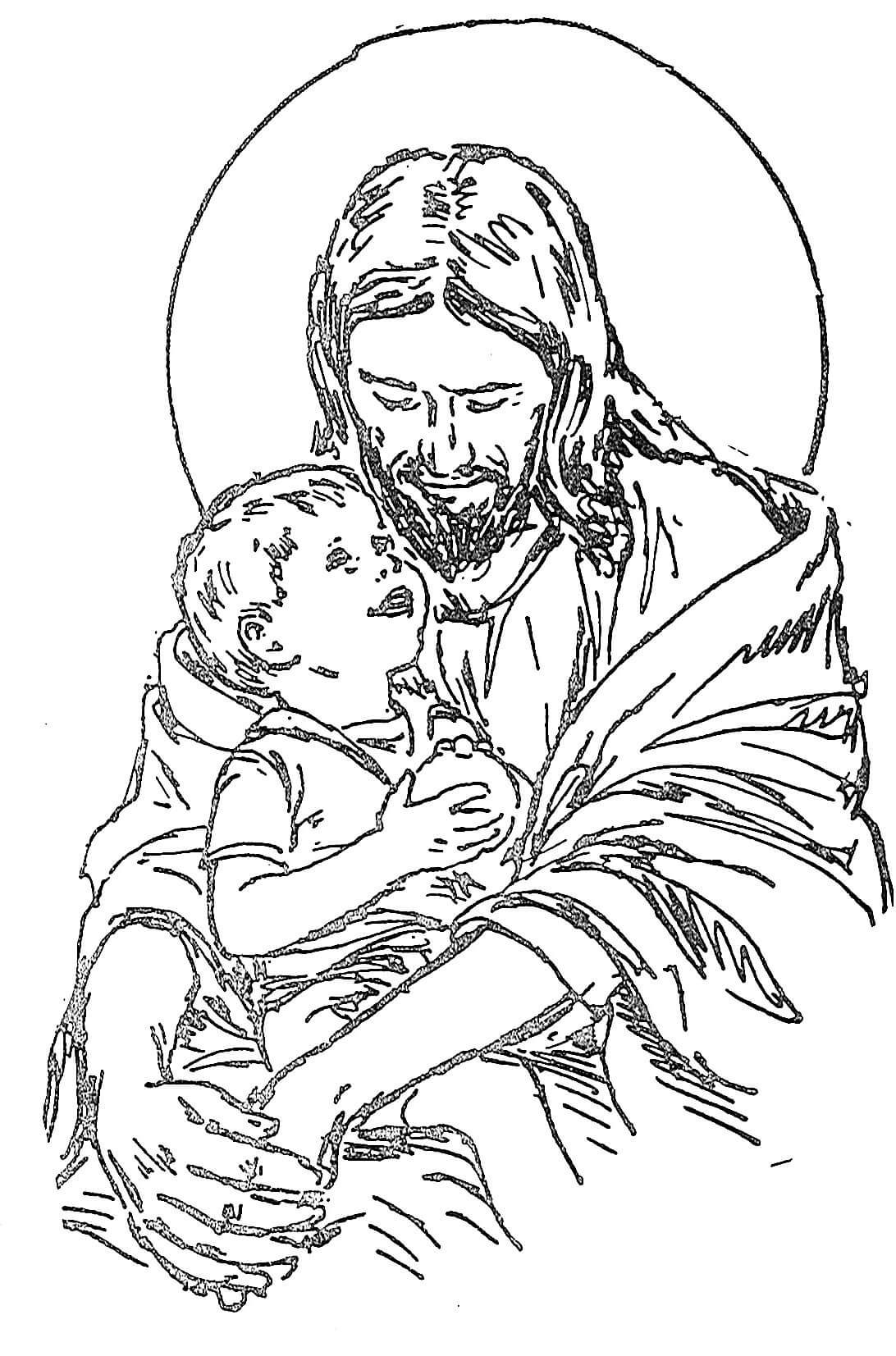 Dibujo de Dibujando a Jesús con el niño para Colorear