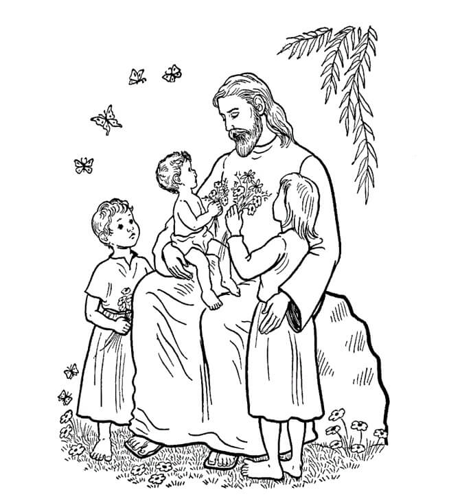 Dibujo de Jesús básico con niños para Colorear