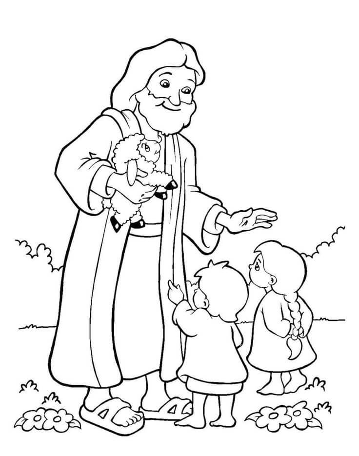 Dibujo de Jesús con Ovejas y Dos Hijos para Colorear