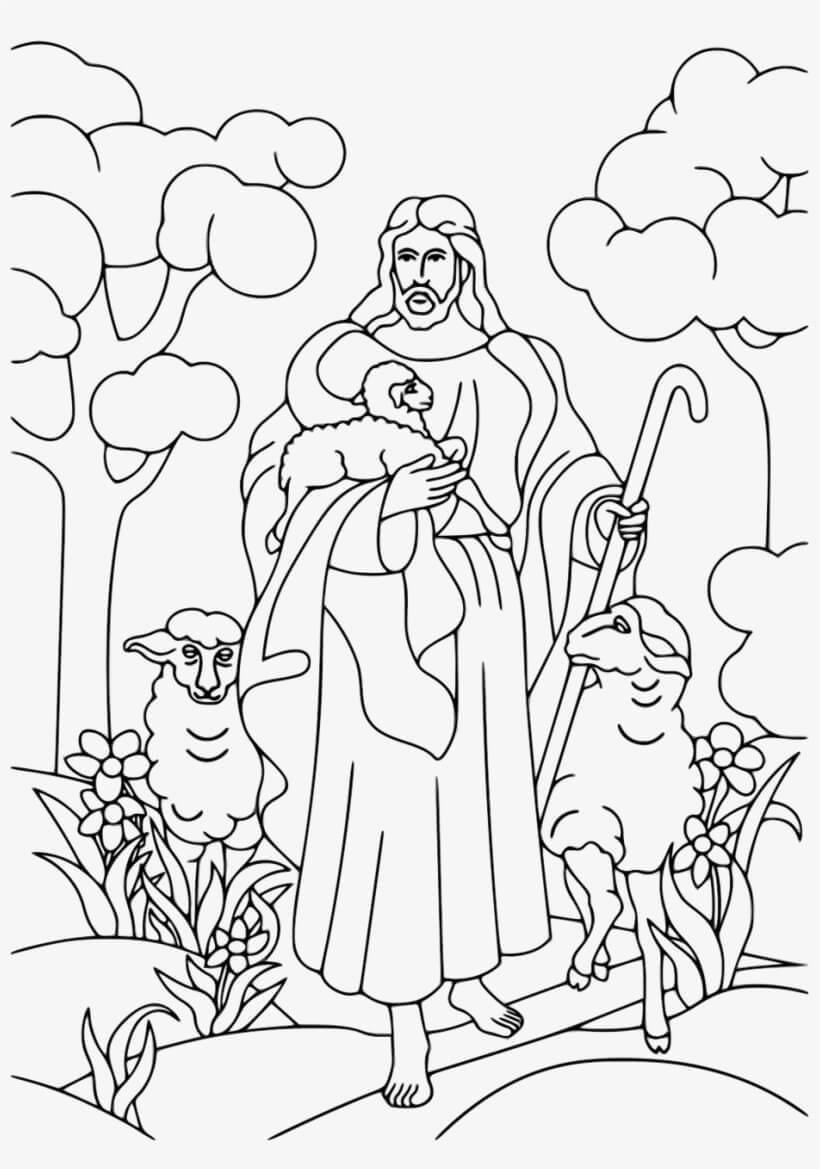 Dibujo de Jesús con Tres Ovejas para Colorear