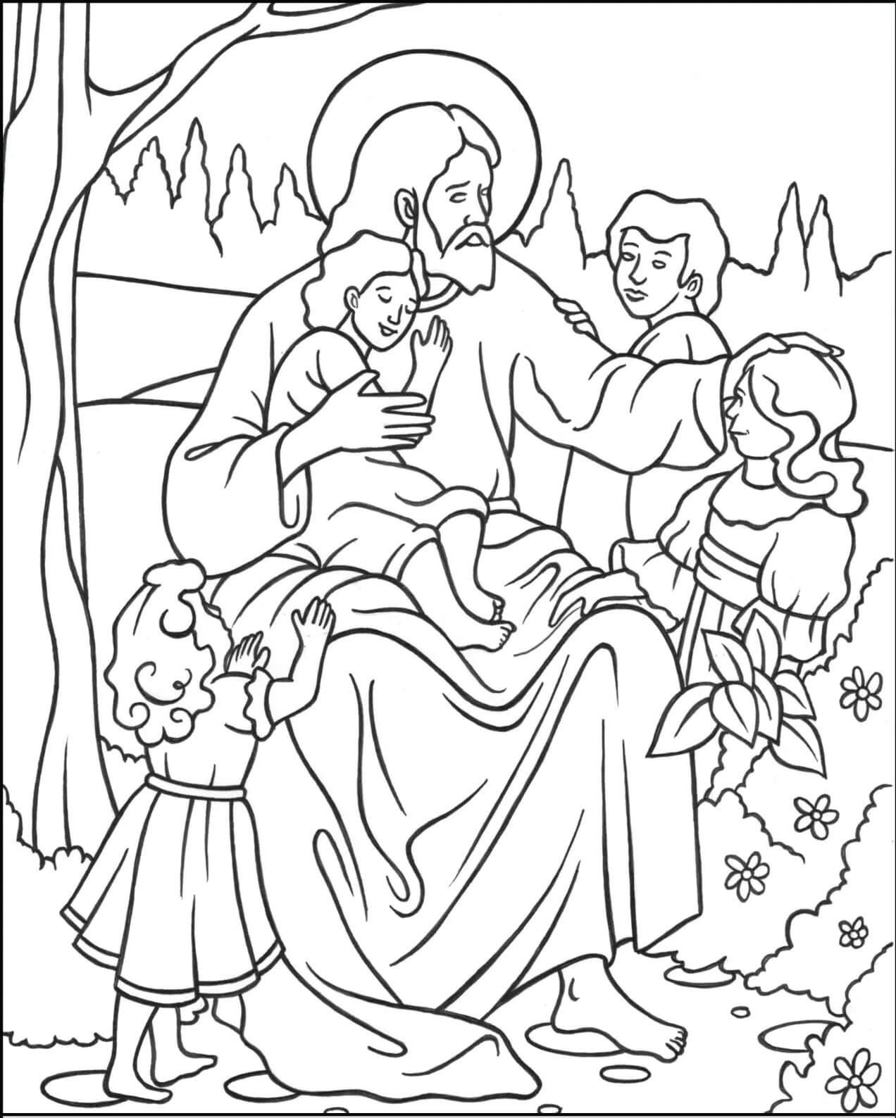 Dibujo de Jesús y Dejad a los niños pequeños para Colorear