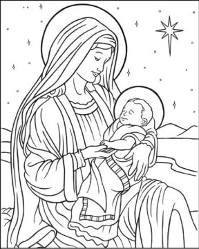Dibujo de María con el niño Jesús en Belén para Colorear