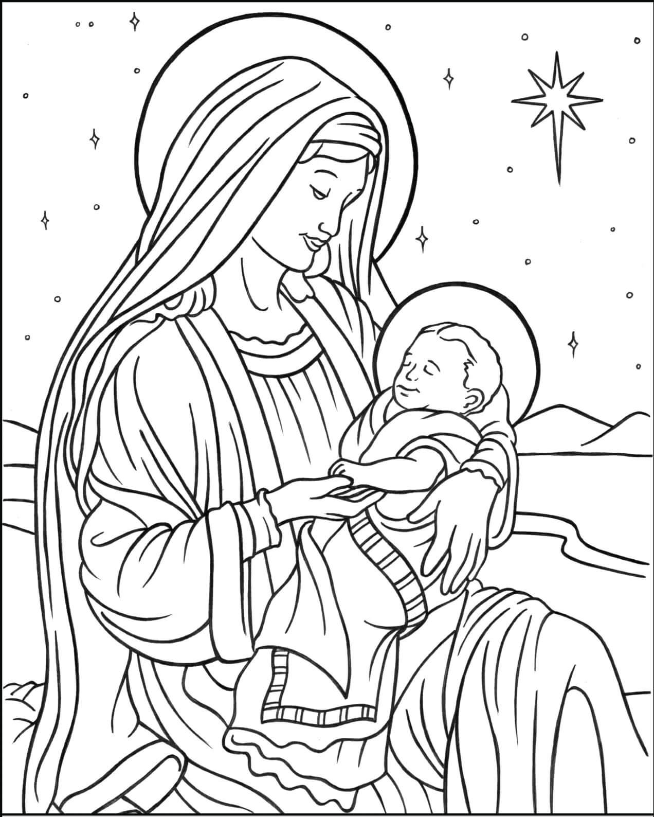 Dibujo de María con el niño Jesús en Belén para Colorear