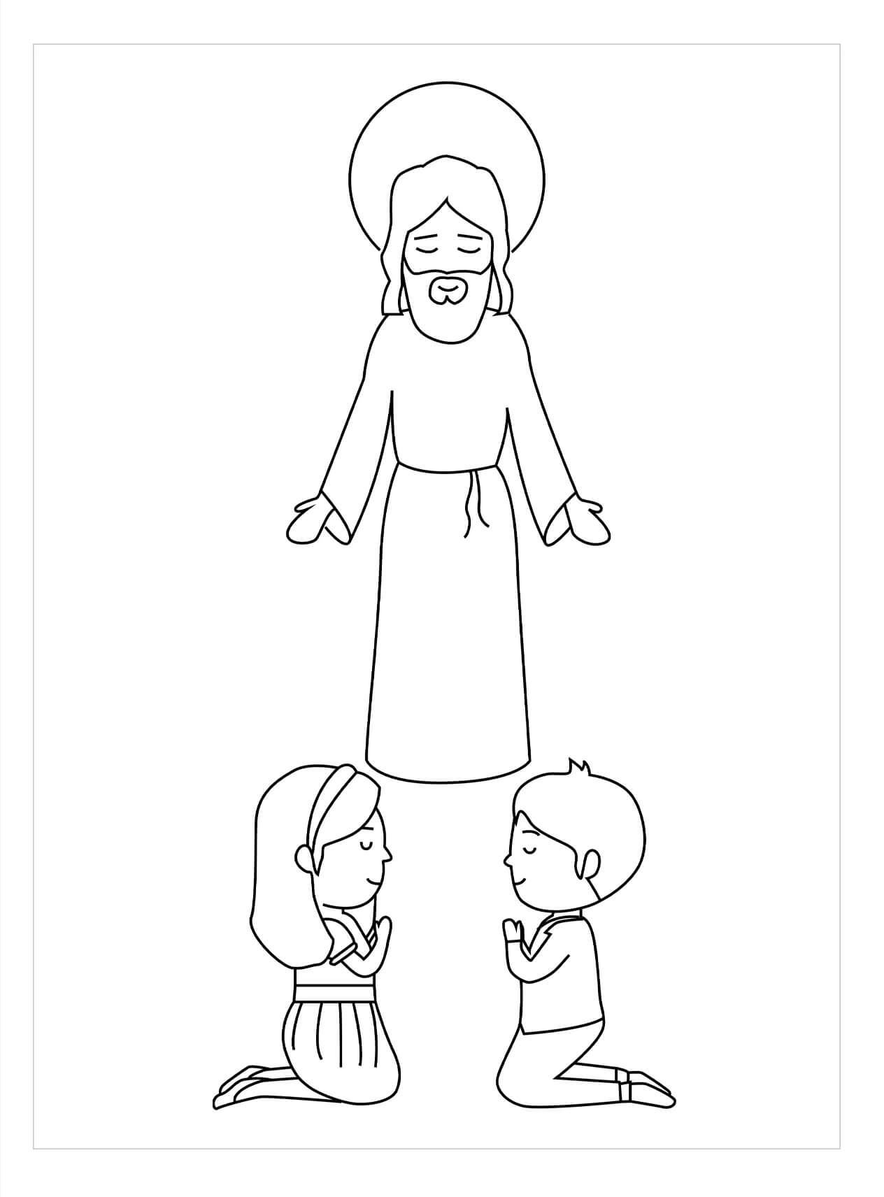 Dibujo de Pareja Rezando Ante Jesús para Colorear