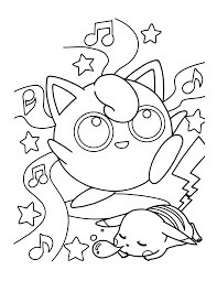 Dibujo de Jigglypuff Cantando y Pikachu Durmiendo para Colorear