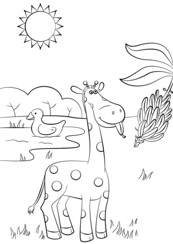 Dibujo de Bebé Jirafa Comiendo Platano para Colorear