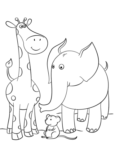 Dibujo de Jirafa con Elefante y ratón para Colorear