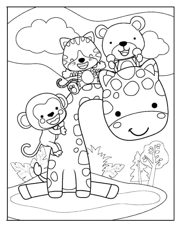 Dibujo de Jirafa con Tres Animales para Colorear
