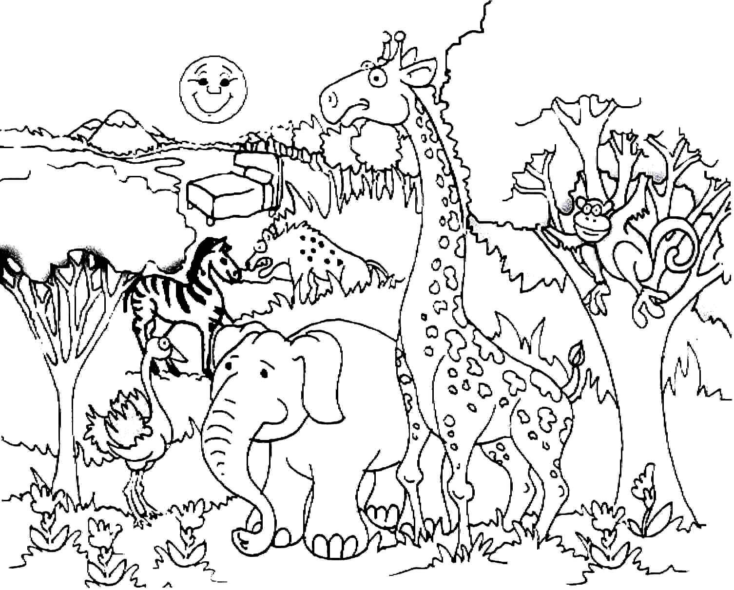 Dibujo de Jirafa y Animales en el zoológico para Colorear