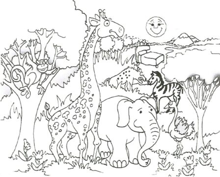 Dibujo de Jirafa y Sus Amigos para Colorear