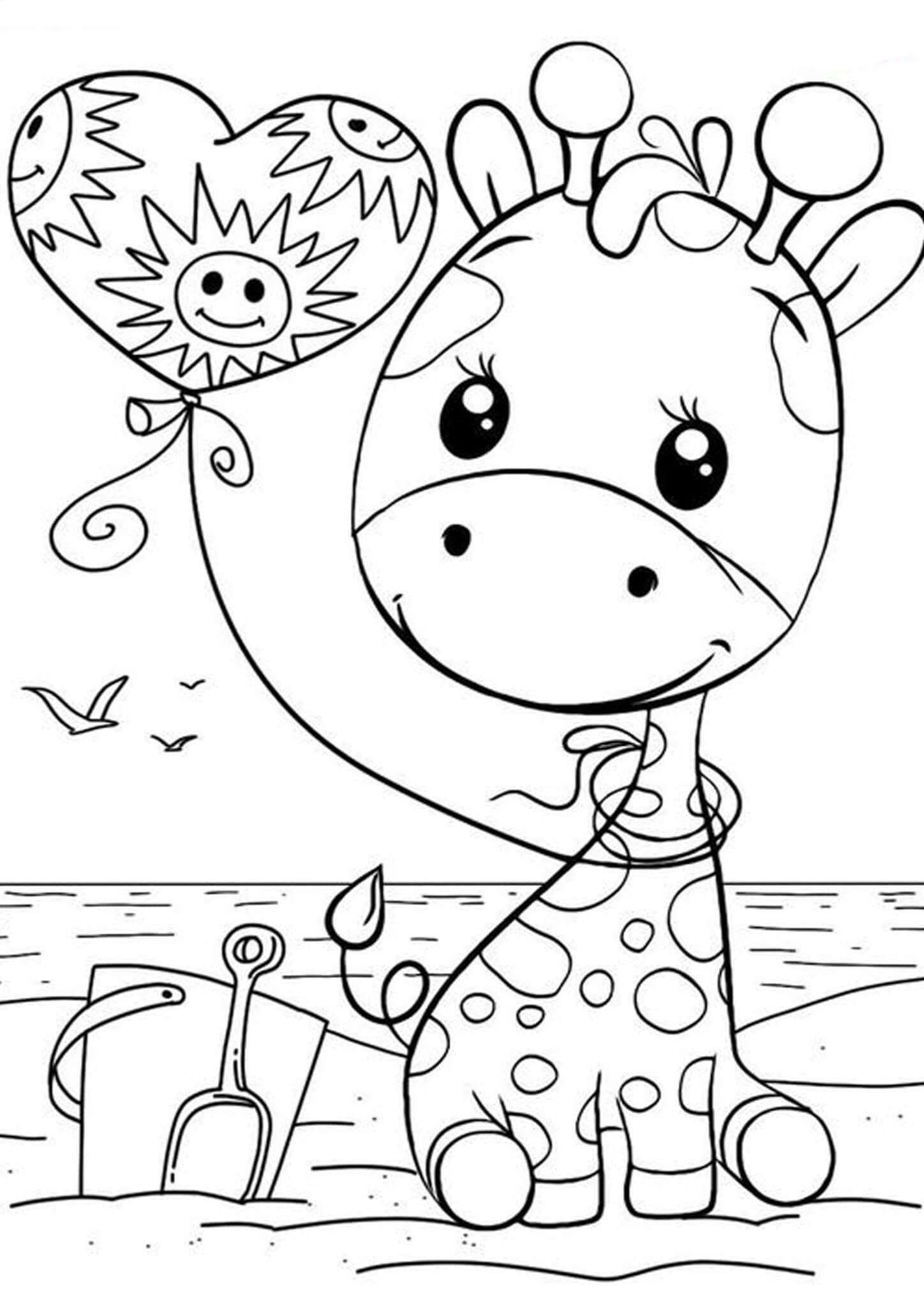 Dibujo de Linda Jirafa con Globo para Colorear