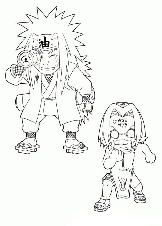 Dibujo de Jiraiya Divertida y Sakura Enojada para Colorear