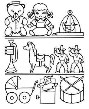 Dibujo de Juguetes en los Estantes para Colorear