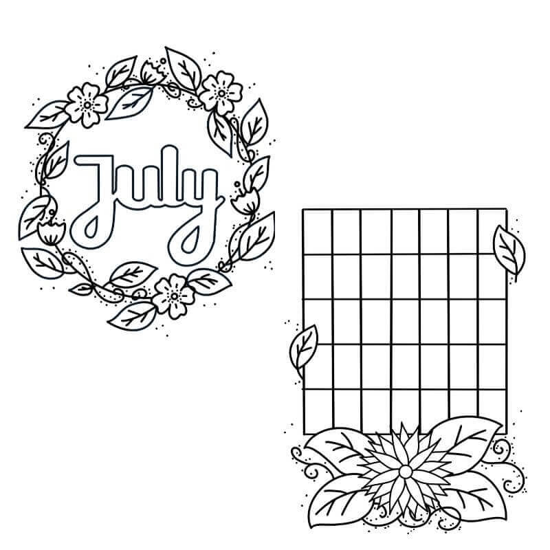 Dibujo de Calendario y Corona de Julio para Colorear