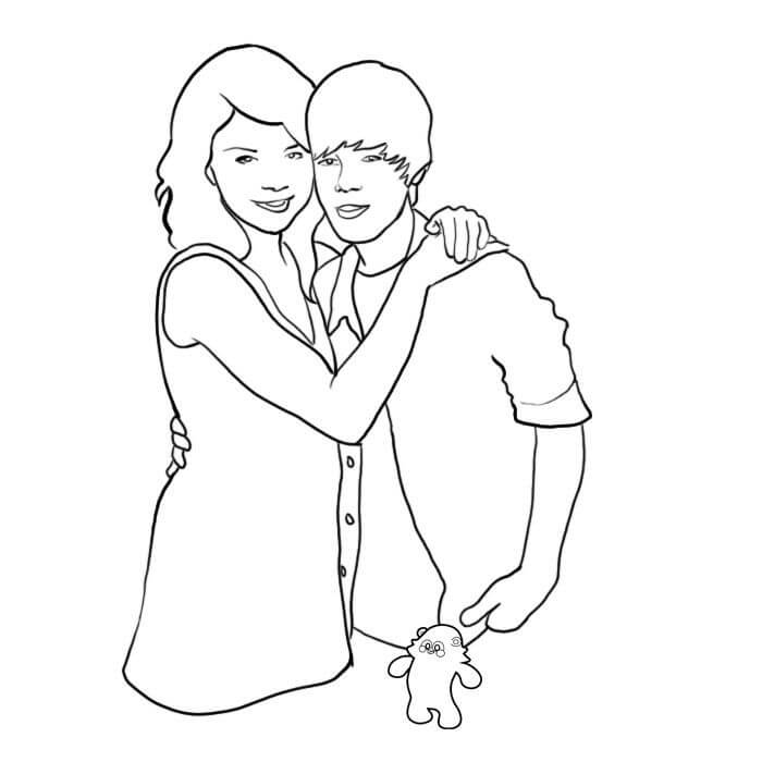 Dibujo de Pareja Justin Bieber y Novia para Colorear