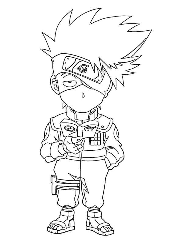 Dibujo de Libro de Lectura de Chibi Kakashi para Colorear