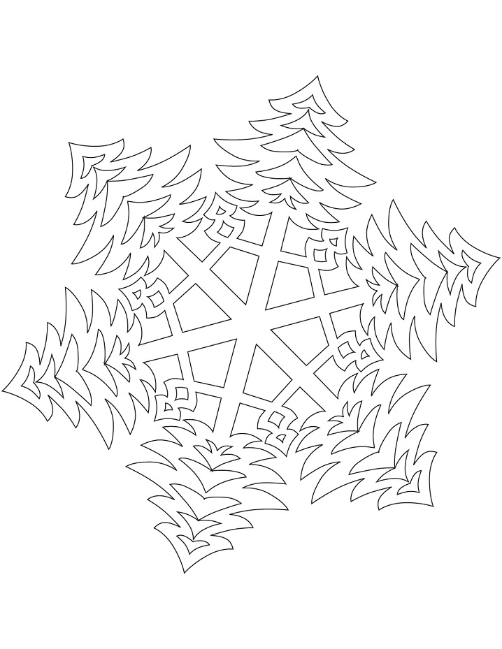 Dibujo de Copo de Nieve con Tupidos árboles de Navidad para Colorear