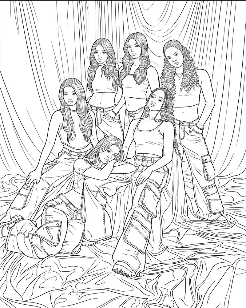 Dibujo de Sesión de Fotos de las Chicas de Katseye página para Colorear