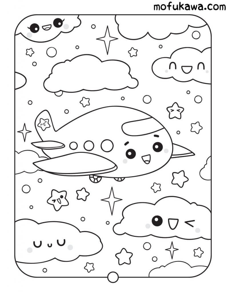 Dibujo de Avión y Nube Kawaii para Colorear