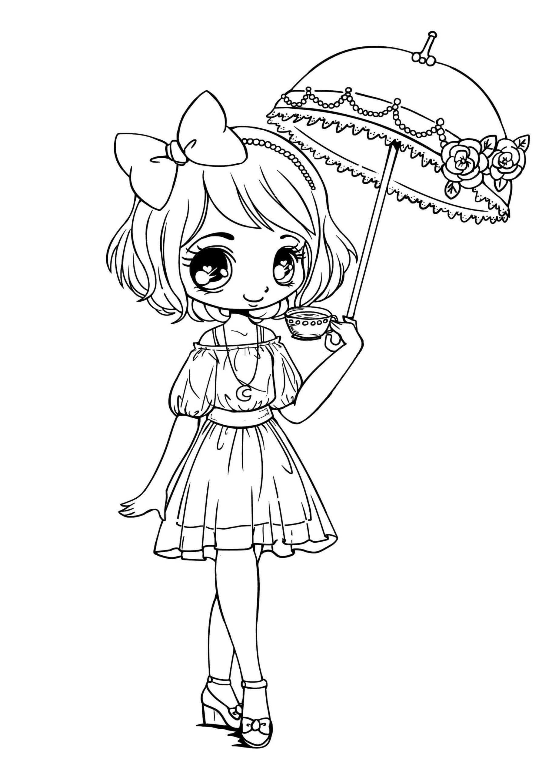 Dibujo de Chica de Kawaii Sosteniendo Paraguas para Colorear
