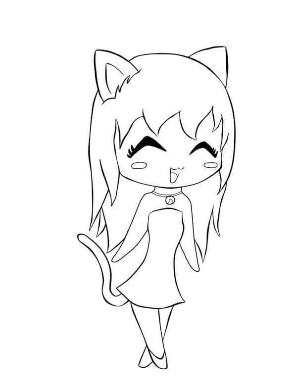 Dibujo de Chica Gato Kawaii para Colorear