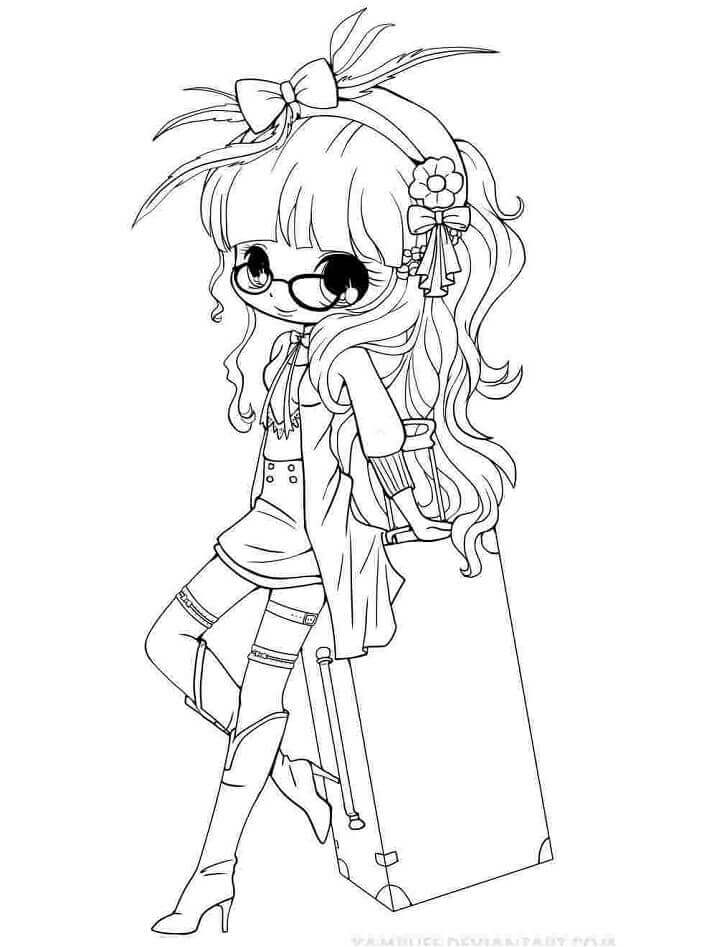 Dibujo de Chica Sentada Kawaii para Colorear