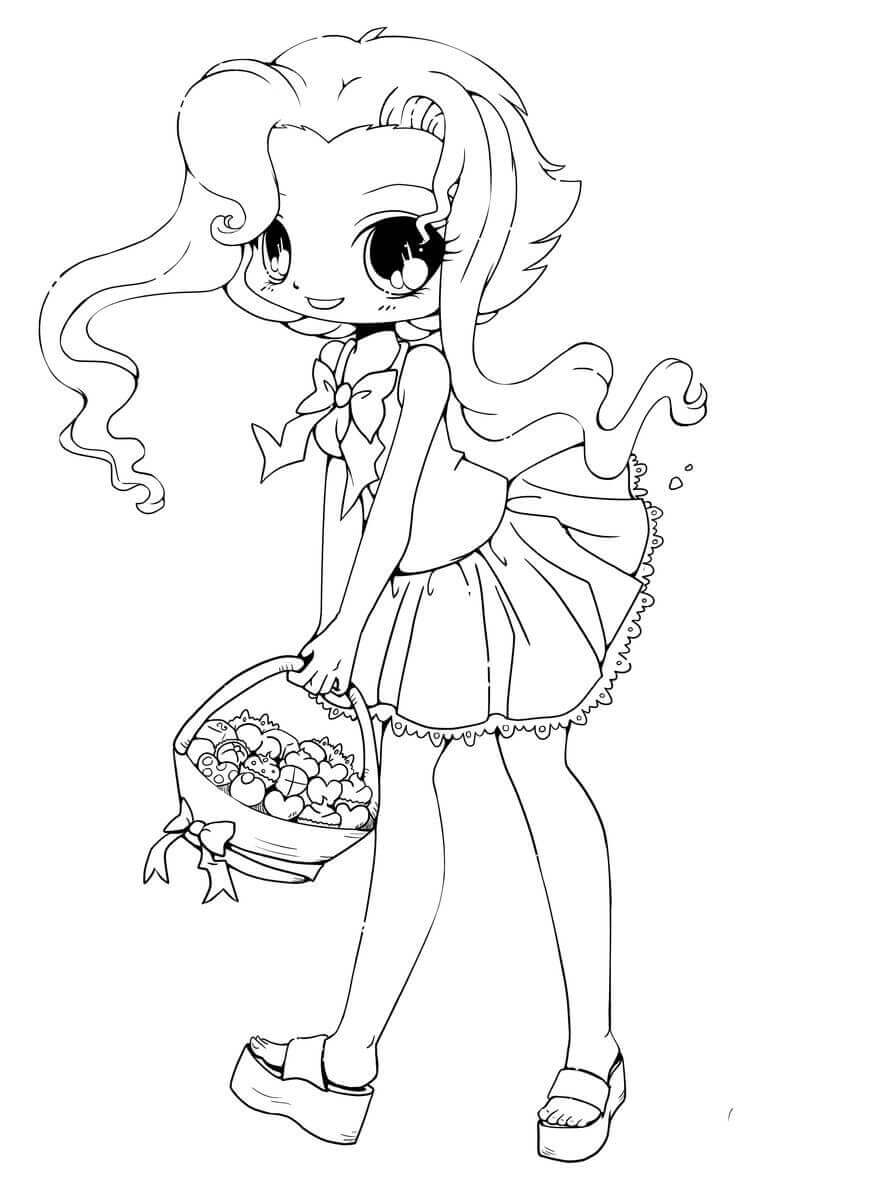 Dibujo de Chica Sosteniendo una Cesta de Frutas Kawaii para Colorear