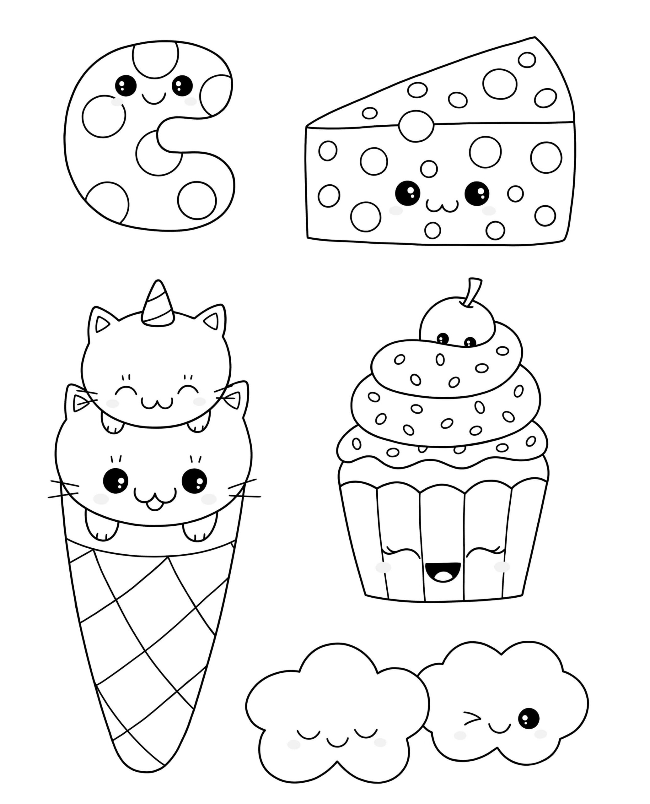 Dibujo de Cinco Alimentos Kawaii para Colorear