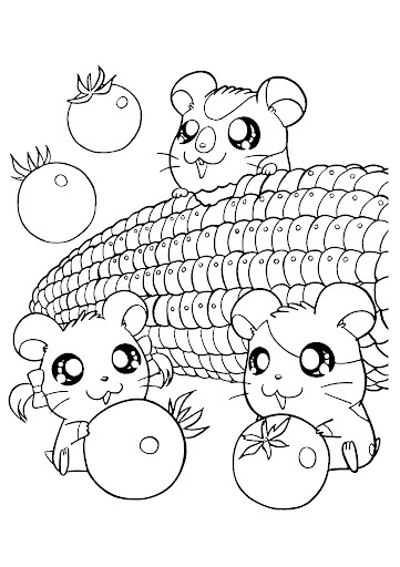 Dibujo de Conejo Kawaii y Verduras para Colorear