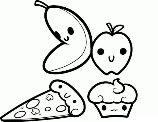 Dibujo de Cuatro Comida rápida Kawaii para Colorear