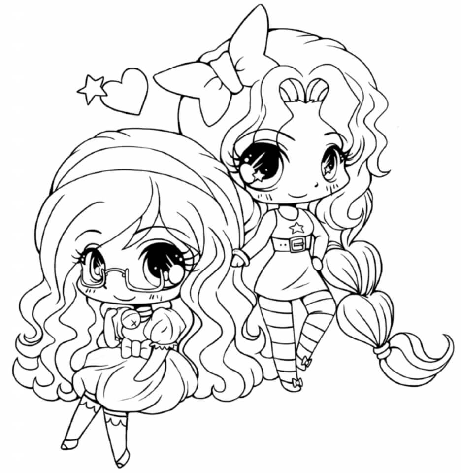 Dibujo de Dos Chicas Kawaii para Colorear