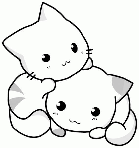 Dibujo de Dos Gatitos Kawaii para Colorear
