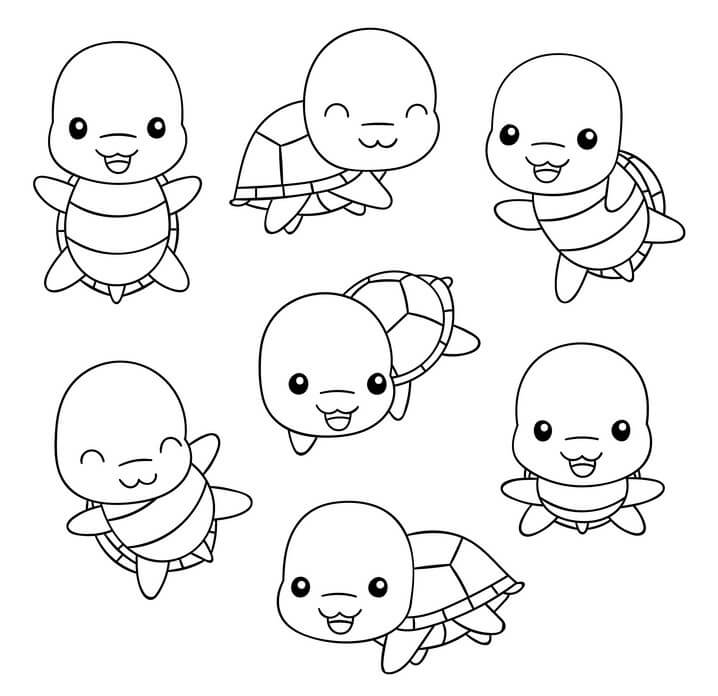 Dibujo de Establecer Tortuga Kawaii para Colorear