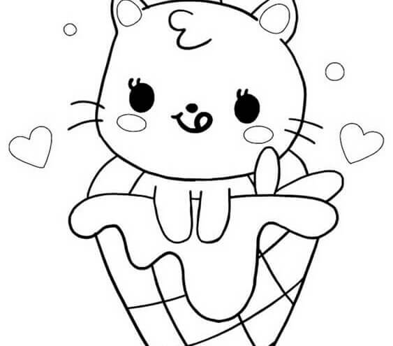 Dibujo de Gato Kawaii en Helado para Colorear