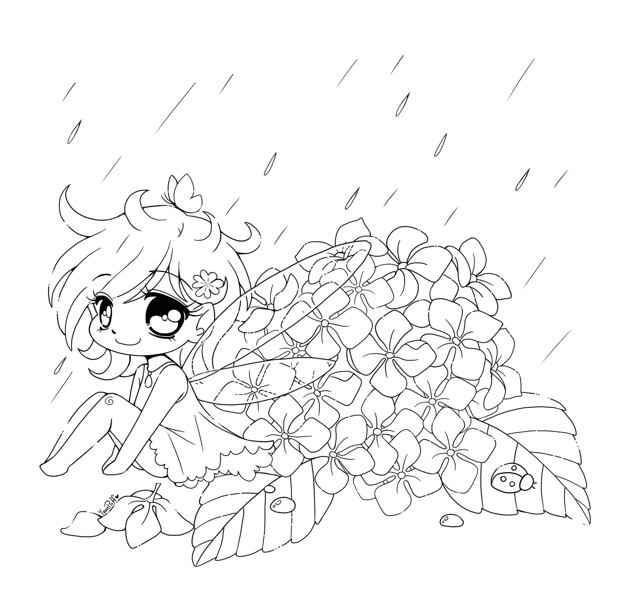 Dibujo de Hada Kawaii en la Lluvia para Colorear