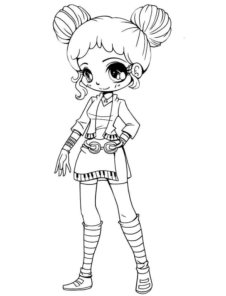 Dibujo de Kawaii Chica Dibujos Animados Sonriendo para Colorear