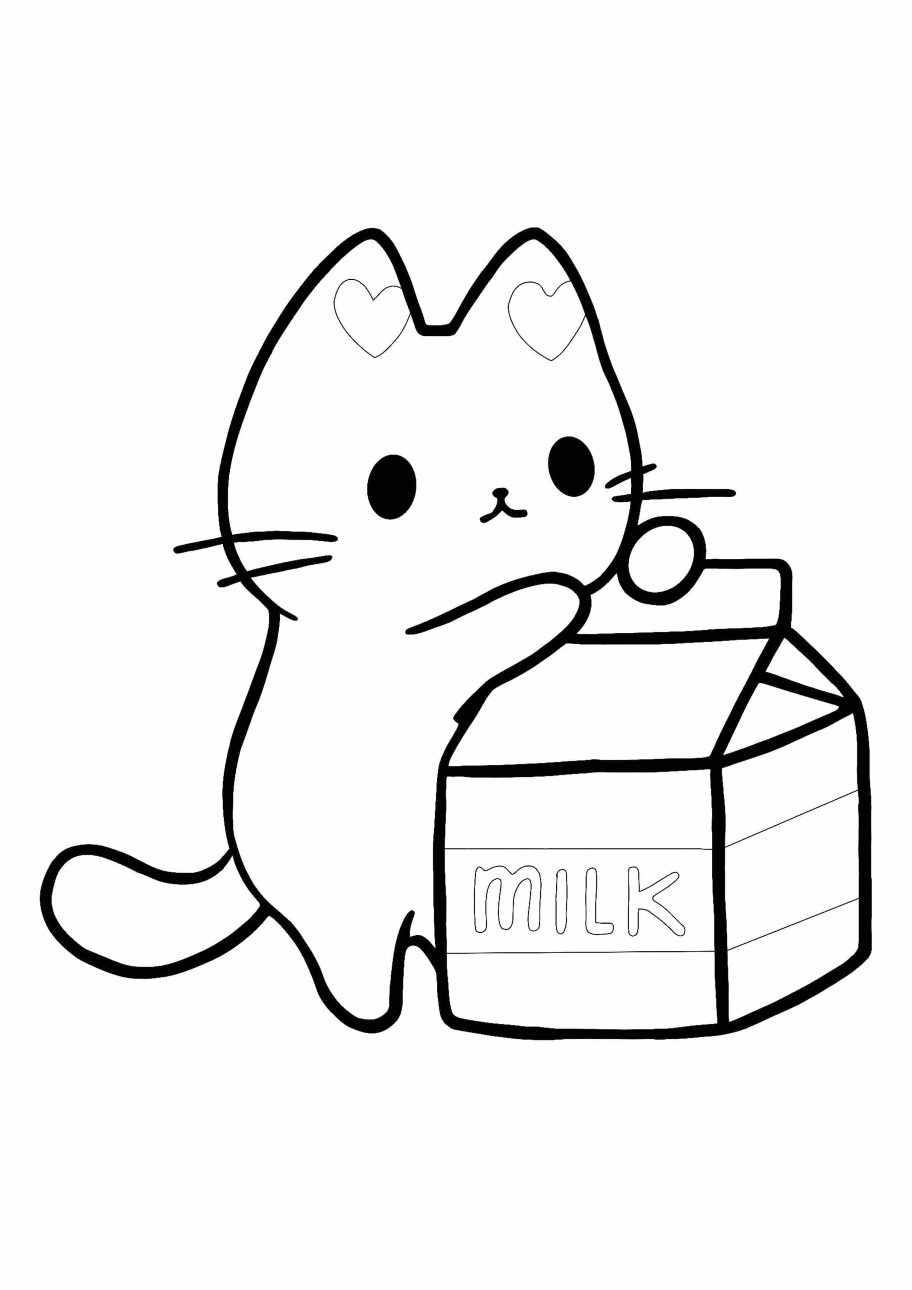 Dibujo de Kawaii Gatito con Leche para Colorear