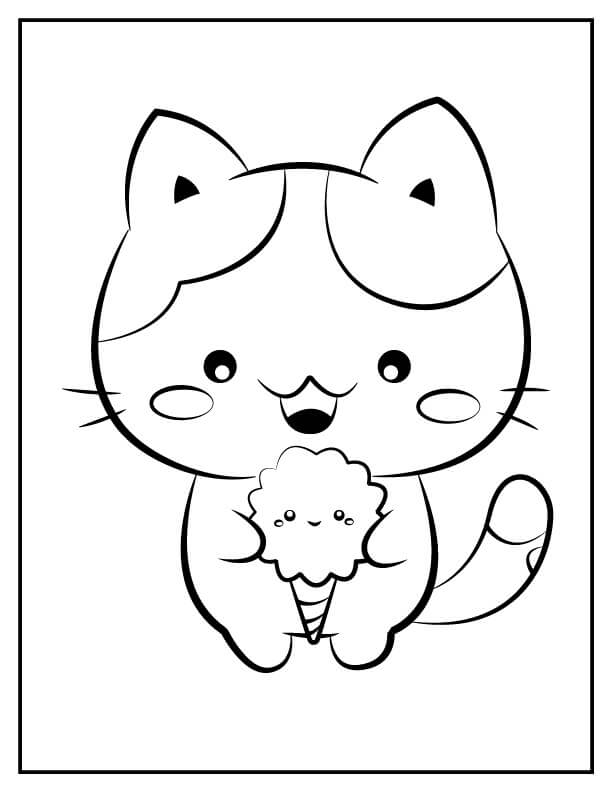 Dibujo de Kawaii Gatito Sosteniendo Helado para Colorear